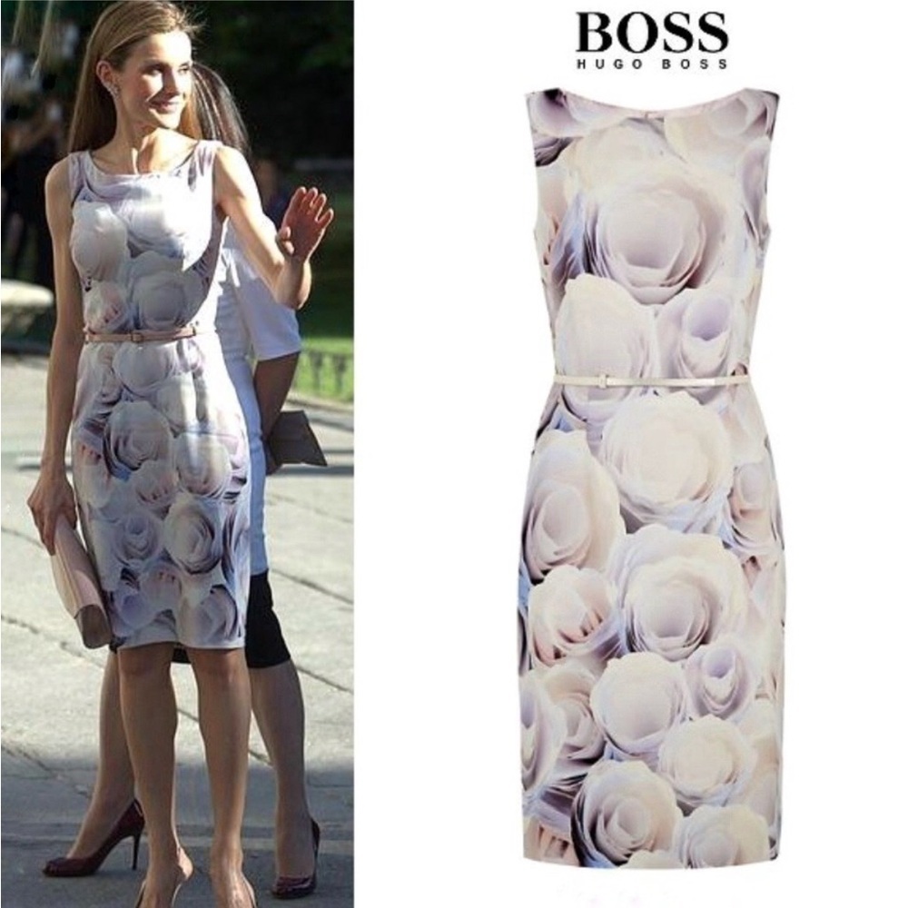 HUGO BOSS Floral Rose midi shirt dress ASO Queen Leticia size 10 US NO BELT